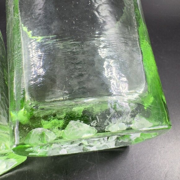 Fire & Light Green Recycled Glass Tumbler On the Rocks Square Signed Set 2 - Picture 6 of 16